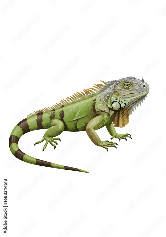 Obraz premium Green Iguana Reptile Illustration with Detailed Scales and Stripes png clear alpha channel cutout isolated on transparent background