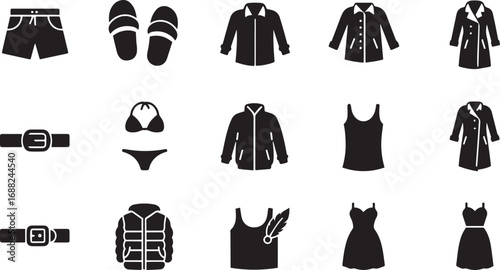 Assortment of clothing and accessory icons including shorts slippers jackets and dresses Keywords: shorts, bikini, bra, underwear, belt, buckle, slippers, sandals, jacket, coat, puffer jacket, down