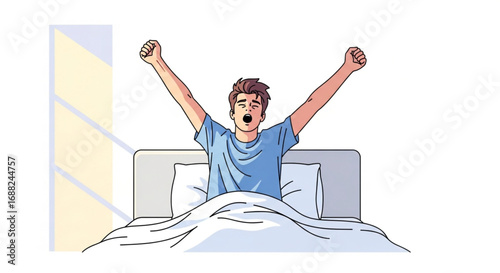 Man waking up, stretching in bed, sunlight, morning, happy, fresh start.