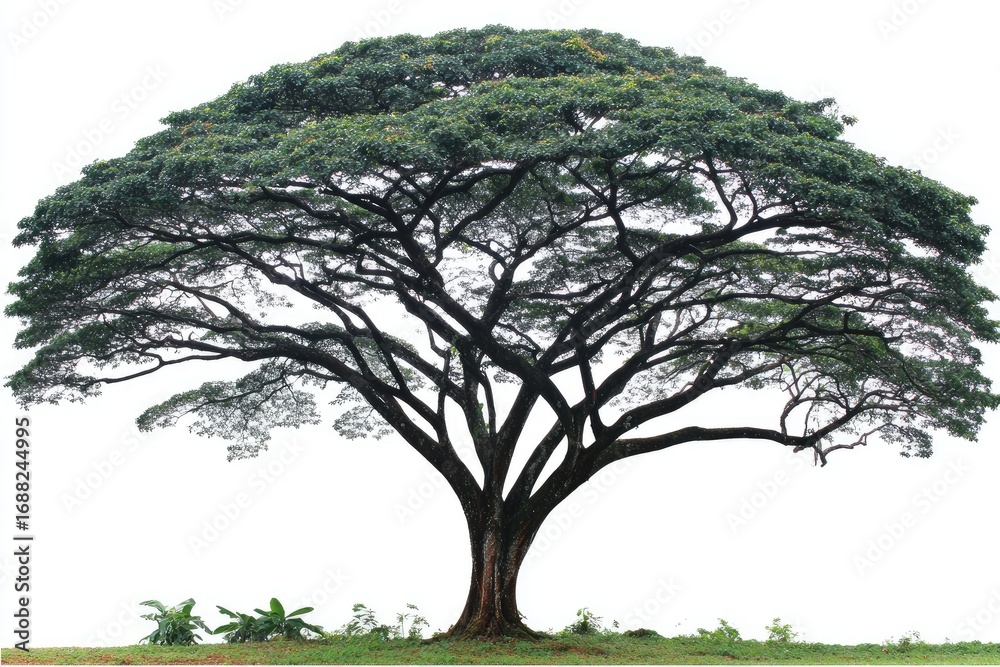 Fototapeta premium Large, mature tree with a broad canopy, isolated against a plain white background