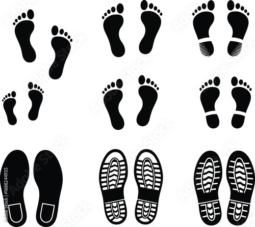 Collection of footprints and shoe prints for walking and movement concepts vector