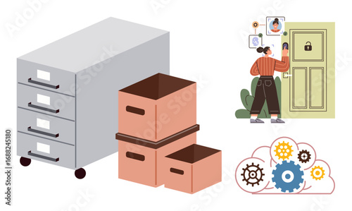 File cabinets and boxes for storage, a person accessing a secure door with digital authentication, and a cloud workflow system with gears. Ideal for data security, workflow, privacy, organization