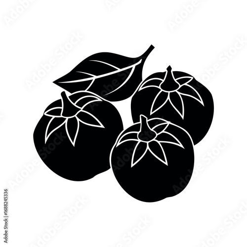 Stylized image of three tomatoes with one leaf, shown in silhouette