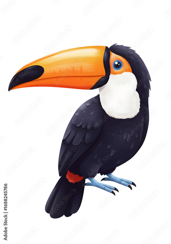 Naklejka premium Vibrant Toucan Bird Illustration with Large Orange Beak and Blue Eye png clear alpha channel cutout isolated on transparent background