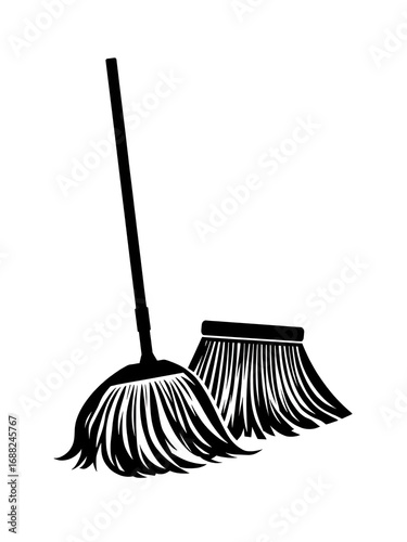 Mop and broom silhouette isolated on white background. Cleaning concept. Vector illustration
