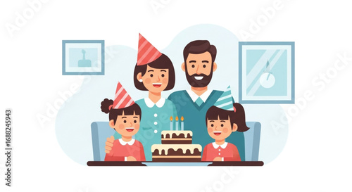 Happy family celebrates birthday with cake and party hats.