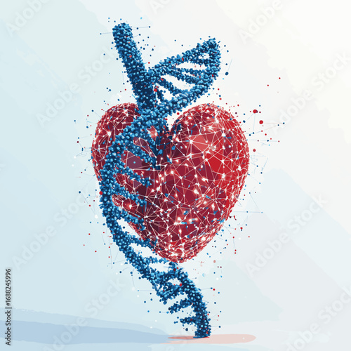 Blue DNA molecule helix with red human heart. Hereditary heart diseases, diagnosis of genetic diseases concept. Low poly , vector style simple color