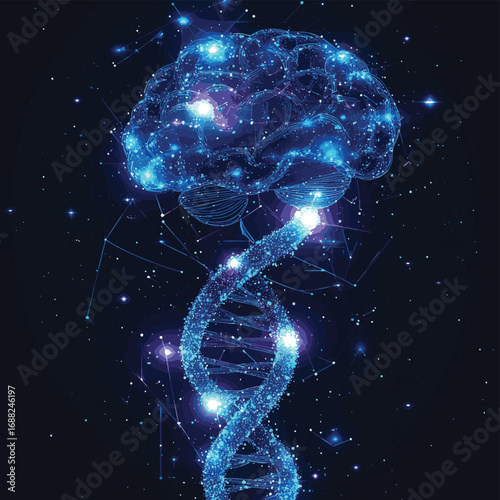 Abstract blue and purple DNA molecule helix and brain , vector style simple color