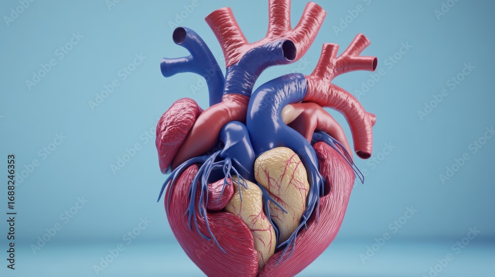 Naklejka premium Anatomical heart model with red and blue vessels on a solid blue background