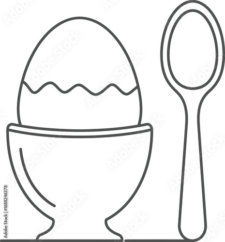 Simple line drawing of a boiled egg in an egg cup with a spoon ready for breakfast vector