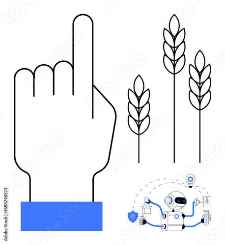 Human hand pointing towards wheat stalks and farming robot handling tools, showcasing agricultural automation. Ideal for technology, AI, farming, sustainability, innovation, efficiency, environmental