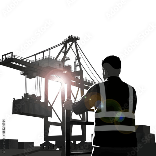 Silhouette of Dockworker at Dusk Lifting Shipping Container with Large Crane on a White Background