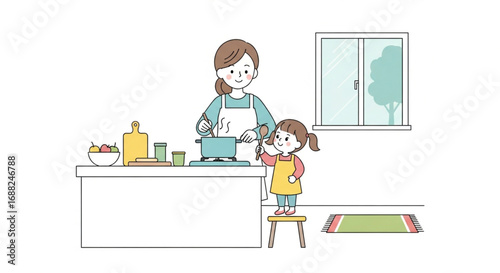 A mother and daughter cooking together in a simple kitchen setting.