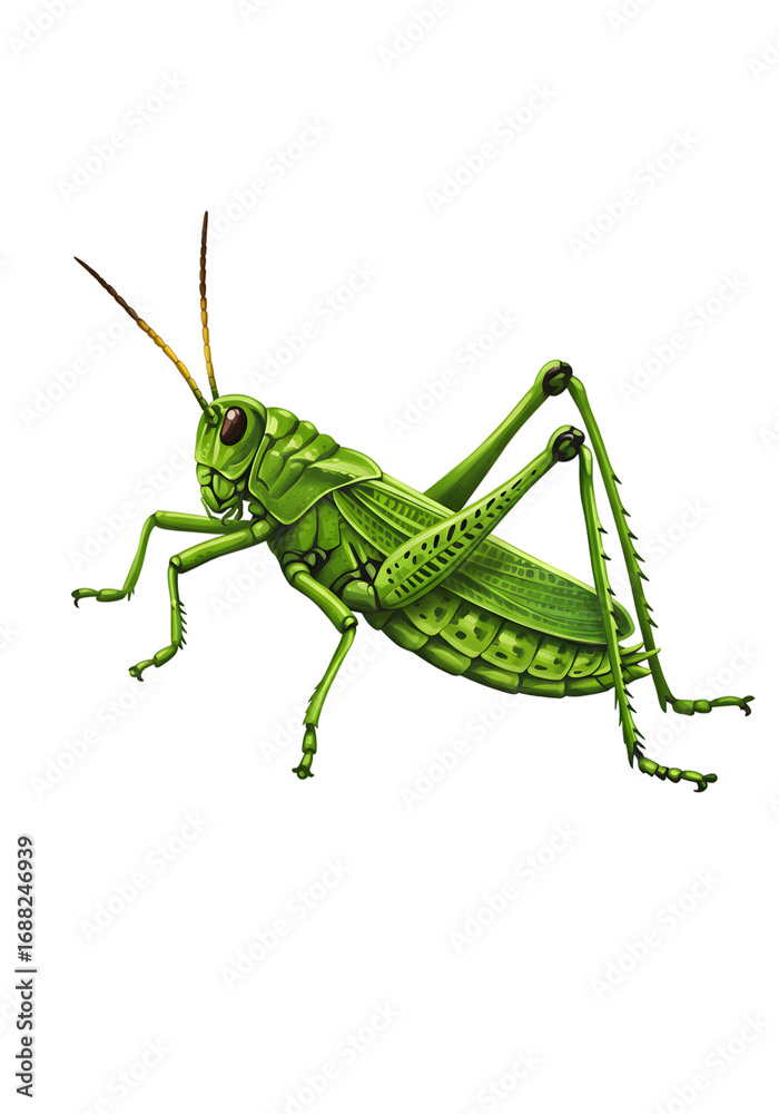 Fototapeta premium Realistic Illustration of a Green Grasshopper on a Blurred Green Background png clear alpha channel cutout isolated on transparent background