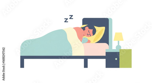 A person sleeps peacefully in bed with a bedside table and lamp, indicated by "zzz" above their head.