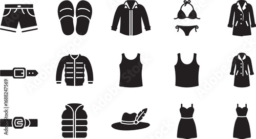 Assortment of clothing and accessory icons including shorts slippers jackets and dresses Keywords: shorts, bikini, bra, underwear, belt, buckle, slippers, sandals, jacket, coat, puffer jacket, down