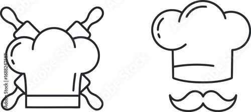 Chef hats and rolling pins crossed with moustache simple doodle icons for culinary and restaurant concepts vector