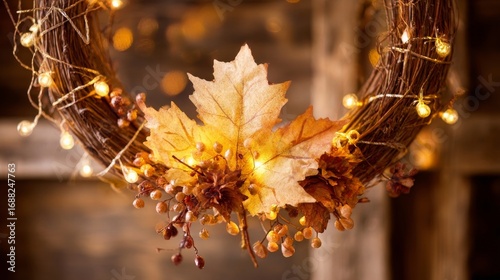 A circular wreath made of twigs and rattan balls adorned with dried autumn leaves and artificial string lights,