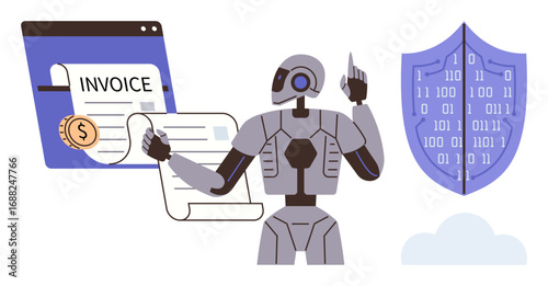 AI robot processing invoices from a browser, shield illustrating data protection. Ideal for automation, finance, cybersecurity, artificial intelligence, efficiency, technology, risk management