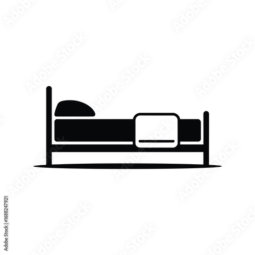 Simple silhouette icon of a comfortable bed with pillow and blanket