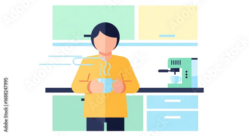 Person enjoying a hot beverage in their kitchen, near an espresso machine.