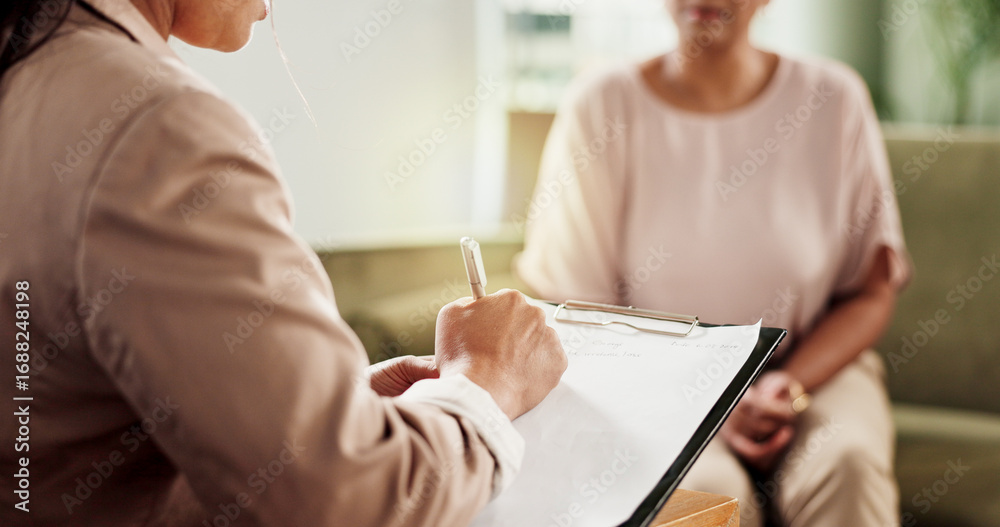 Obraz premium Psychology, clipboard and women with therapy, writing and review trauma with diagnosis. Psychologist, counseling and information with notes, support client and depression with stress and questions