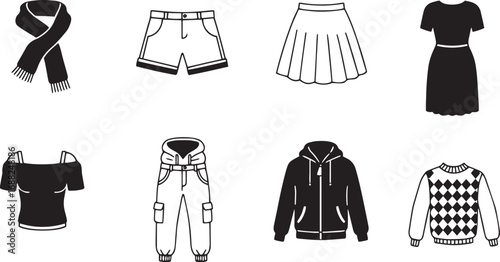 Black and white silhouette icons of clothing and accessories including a patterned sweater Keywords: scarf, shorts, skirt, dress, off-the-shoulder top, cargo pants, hoodie, argyle sweater, fashion