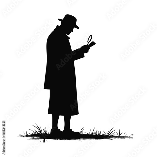 Silhouette of detective with magnifying glass examining document