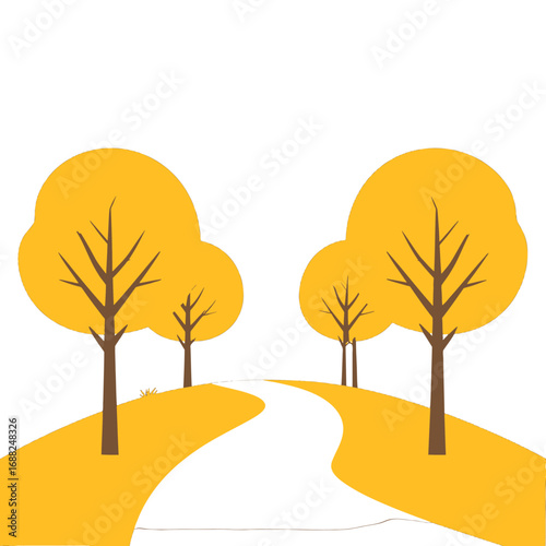 Illustrated Autumnal Landscape with Yellow Trees and Winding Path in Bright Sunlight Minimalist Style