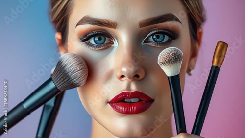 woman's face with makeup brush on her face