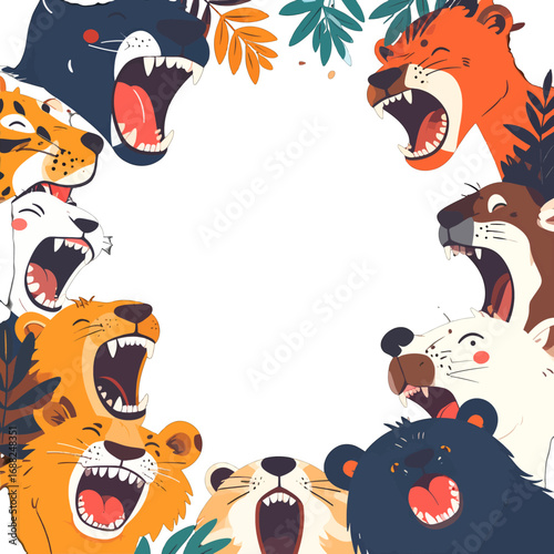 Cartoon Roaring Animals Border with Copy Space Jungle Theme Decoration in Square Frame Animal Heads Include Lions Bears and Tigers Wild Animals Illustration