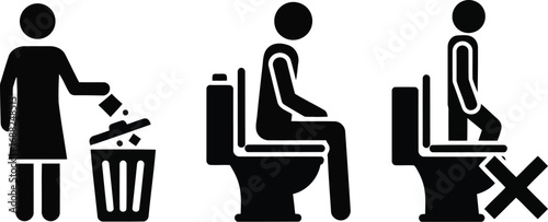 Cleanliness in the bathroom icons showing proper toilet use and waste disposal for hygiene vector