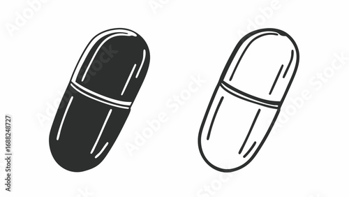 Two capsule-shaped pills, one black and one outlined, isolated on white background.
