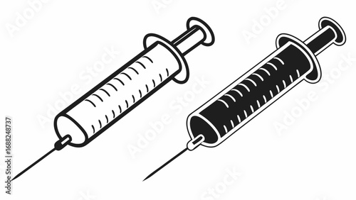 Two syringes, one in black and white outline, the other filled in black, both with needles.