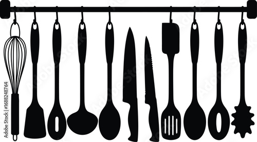 Collection of kitchen utensils hanging on a rack culinary tools for cooking and food preparation vector