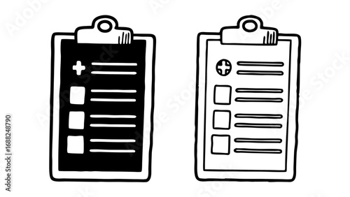Two medical clipboards with checklists, outlined in black ink.