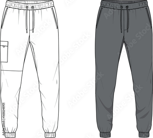 Cargo jogger pants flat sketch, CAD drawing vector illustration, fashion technical template sweatpants with side pocket, ribbed cuffs, drawstring waist