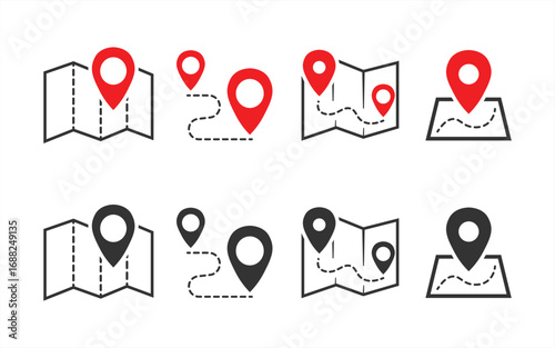 Map and location symbols set. Mapping icon collection. Geolocation map path distance. GPS cartography position. Pinpoint, map search, route, navigator - stock vector