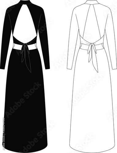 Elegant backless dress flat sketch, fashion CAD drawing vector illustration, long sleeve gown with tie back design, technical fashion template