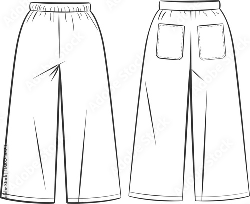 Flat vector CAD drawing of wide-leg elastic waist pants with back patch pockets, front and back technical fashion sketch.