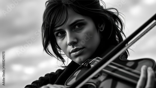 Black and white photo of a skilled musician playing the violin with passion