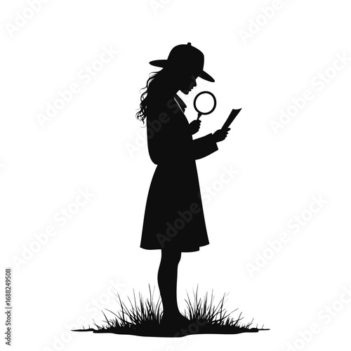 Silhouette of girl in hat with magnifying glass and paper