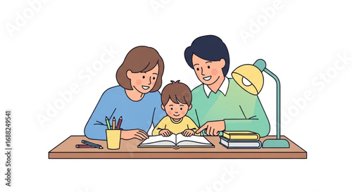 A loving same-sex couple helps their young child with reading, fostering a supportive learning environment at home.