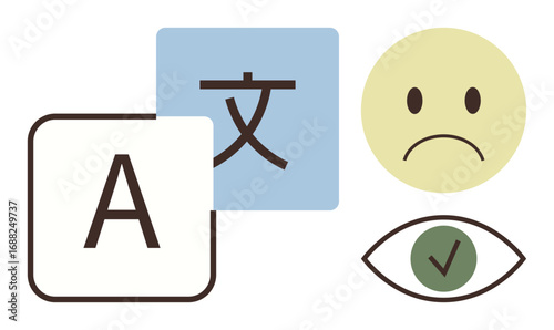 Alphabet and character in squares, sad face, and checked eye representation. Ideal for translation, communication, emotions, verification, accessibility education global connectivity. Simple flat