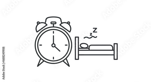 Line art illustration of an alarm clock and a person sleeping in bed.