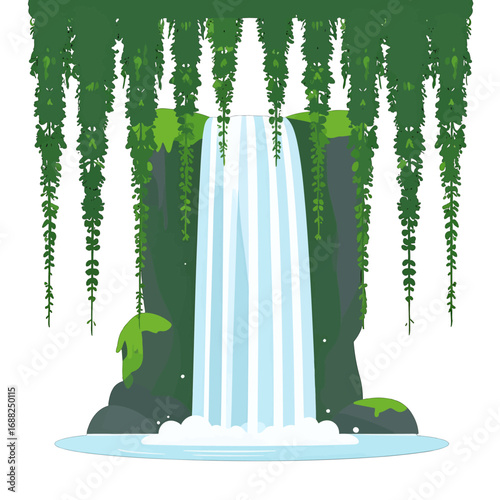 Pixel Art Waterfall Cascading Down Dark Green Moss Covered Rock with Hanging Green Vines and Turquoise Pool in an 8-bit Style