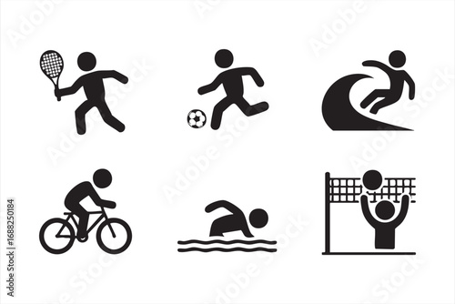 Fitness activity icons set with treadmill running, cycling, and swimming pictograms