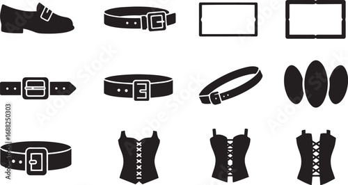 Black Silhouette Icons of a Shoe, Belts, Frames, and Corsets on White loafer buckle