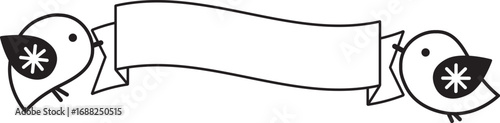 小鳥とリボンバナーのモノクロメッセージイラスト