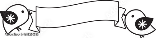 小鳥とリボンバナーのモノクロメッセージイラスト